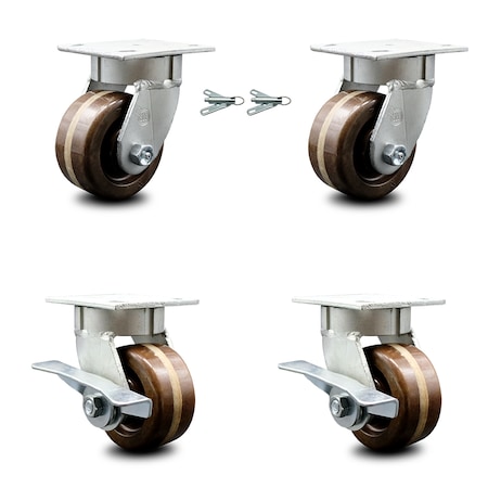 Service Caster 4 Inch Kingpinless High Temp Phenolic Wheel Caster Swivel Locks 2 Brakes, 2PK SCC-KP30S420-PHRHT-BSL-2-SLB-2